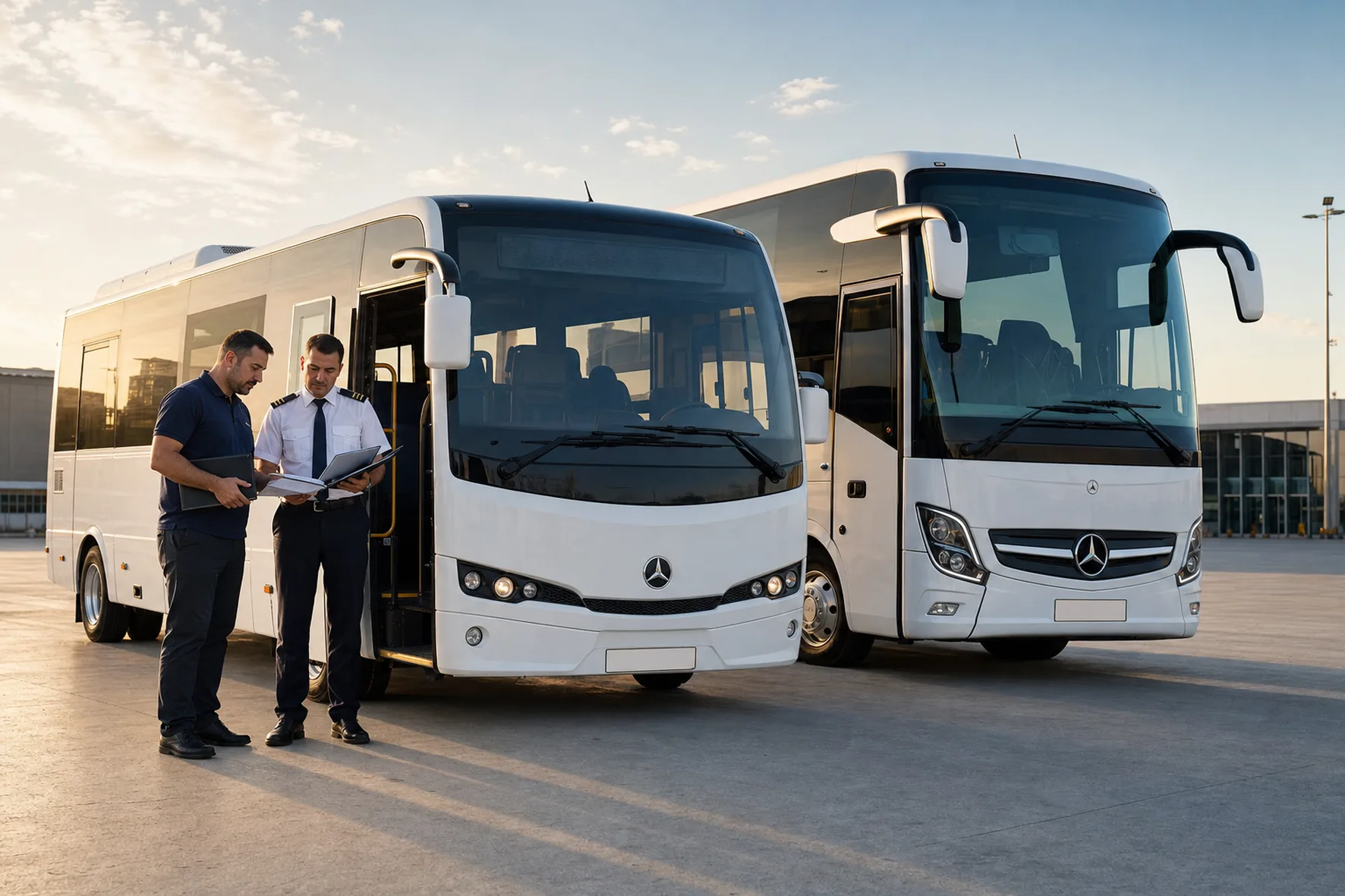 Garajda beyaz midibüs ve otobüsün yanında araç evraklarını inceleyen operasyon sorumlusu ve şoför