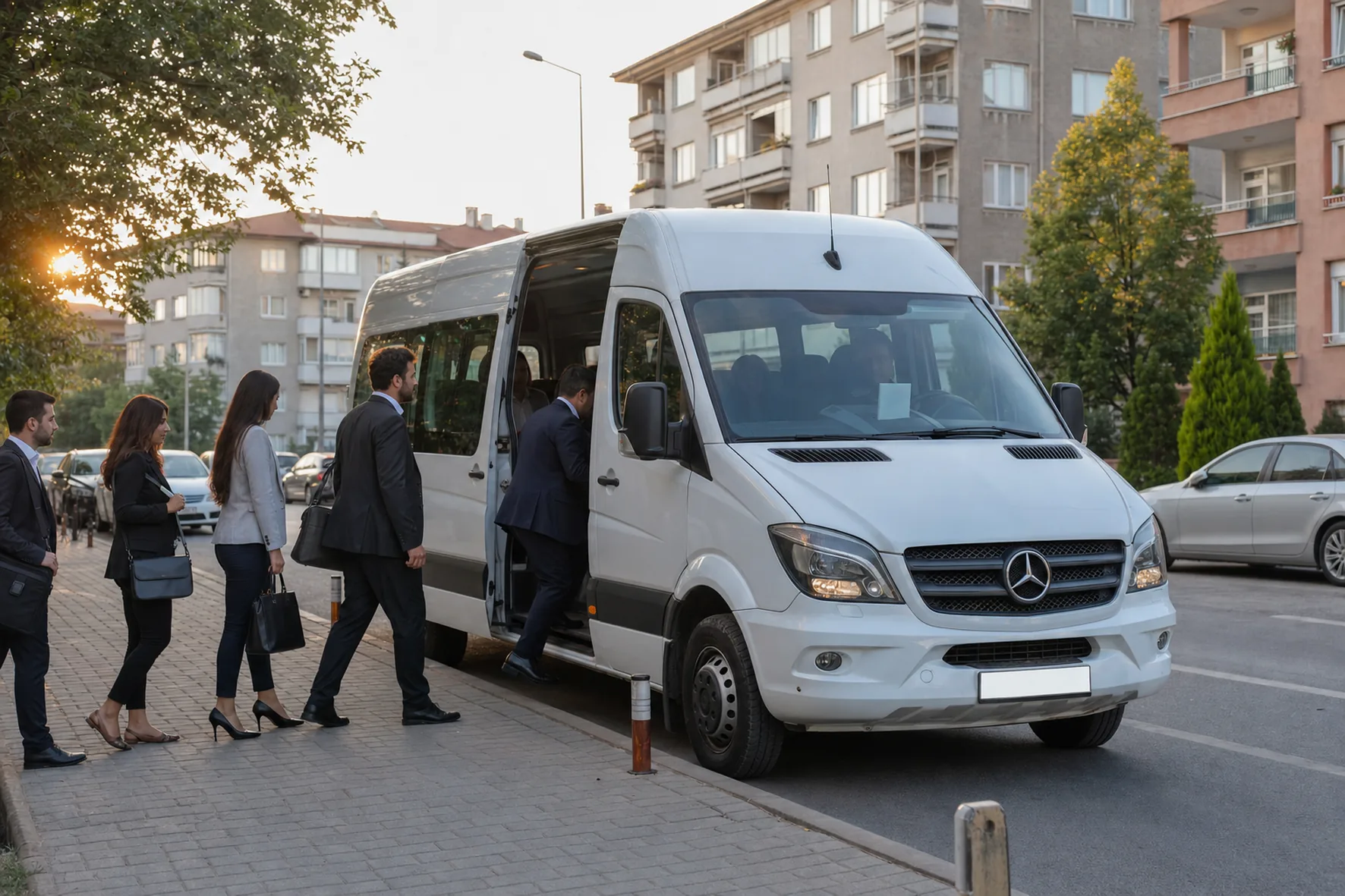 Sabah saatlerinde apartmanların önündeki kaldırımda beyaz minibüsün sağ kapısından servise binen çalışanlar
