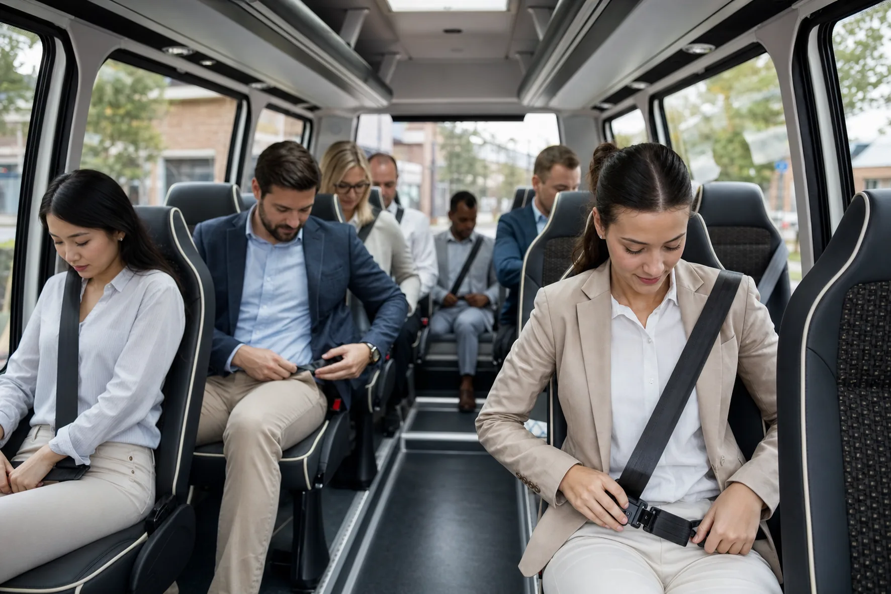 Servis midibüsünde koltuklarına oturmuş emniyet kemerini takan çalışanlar